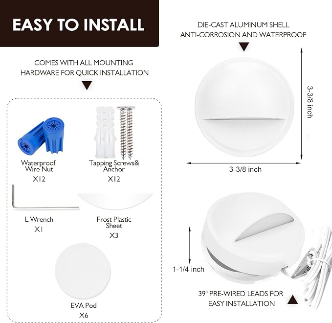 LED Low Voltage Deck Lights Outdoor Waterproof,6-Pack 3CCT Deck Lighting Fixtures Landscape Step,3W, 12V-24V AC/DC Die-cast Aluminum Housing Fence Lamp Wired 2700K/3500K/5000K (White)