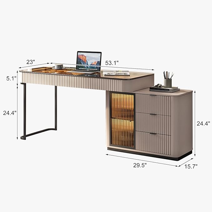 Lartis Office Desk, Very Easy to Assemble, Computer Desk, Home Telescopic Writing Desk, Modern Computer Desk with Retractable Cabinet Built-in LED Lights (Pale Pink, 53 in)