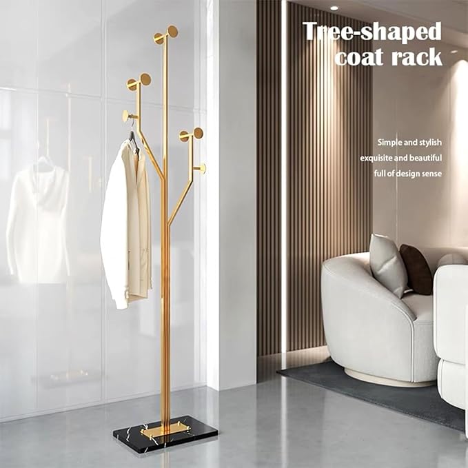 Gold Coat rack,Sturdy coat tree freestanding heavy duty with Marble Base,Metal standing coat rack for Bedroom,Entrance,Modern coat hanger stand for Coats,Hats,Bags(gold)