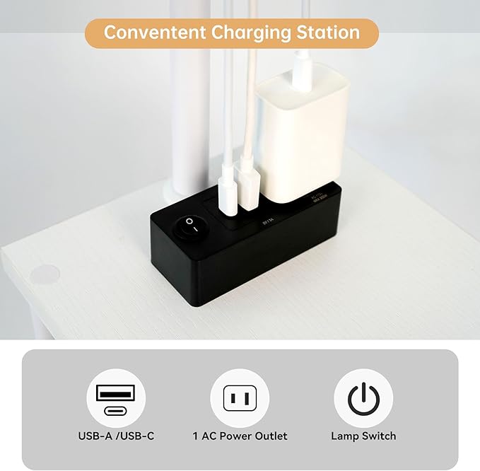 Floor Lamp with Table, Narrow Side Table with USB-A/USB-C Charging Station and AC Port, 3 Color Temperatures 12W LED Bulb, End Table for Bedroom, Living Room and Home Office, White