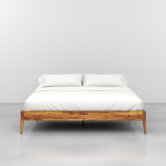 Bme Dinkee King Bed Frame Wood 15 Inch - Solid Wood Platform Bed Frame - Japanese Joinery Bed - Modern & Minimalist Style - Wood Slat Support - Easy Assembly - No Box Spring Needed - Caramel