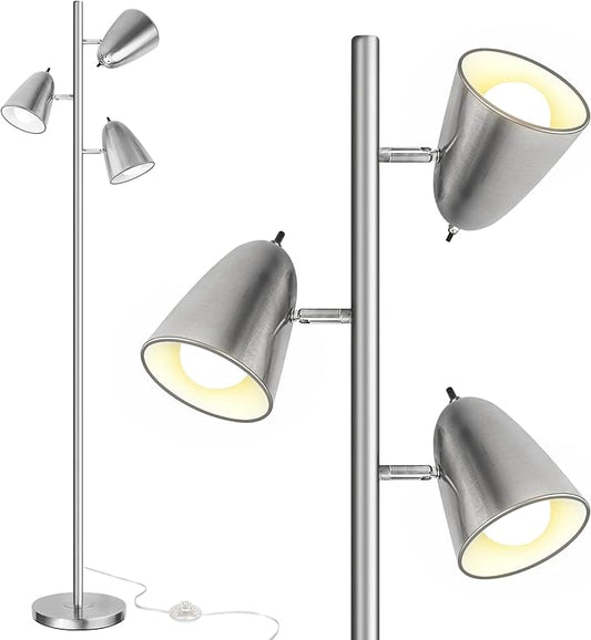 QiMH Tree Floor Lamp with 3 Light Bulbs, Standing Tall Pole Lamps for Living Room Bedroom Office, Reading Stand up Lamps with 3 Adjustable Arms,Brushed Nickel