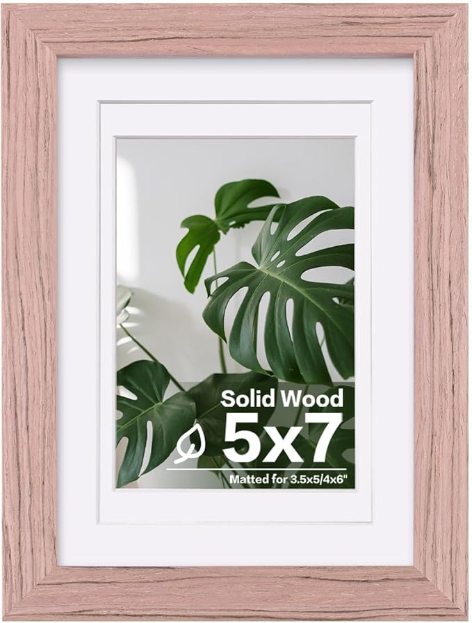 Egofine 5x7 Picture Frame Made of Solid Wood,Covered by Plexiglass Display Pictures 3.5x5/4x6 with Mat or 5x7 Without Mat for Table Top Display and Wall Mounting Photo Frame, Peach Pink