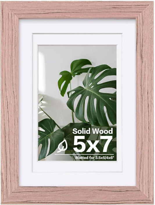 Egofine 5x7 Picture Frame Made of Solid Wood,Covered by Plexiglass Display Pictures 3.5x5/4x6 with Mat or 5x7 Without Mat for Table Top Display and Wall Mounting Photo Frame, Peach Pink