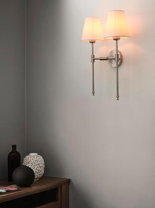 PERMO Classic Transitional Double Sconce 2-Lights Wall Sconce Lighting Fixture with Flared White Textile Lampshade and Brushed Nickel Finished Long Arm for Indoor Bathroom Bedroom Bedside