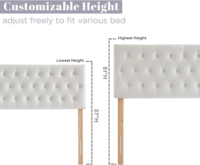 Kingfun Tufted Upholstered Queen Size Bed Headboard in Modern Button Design, Adjustable Solid Wood Head Board, Premium Velvet Fabric Padded Headboards in Bedroom (White)