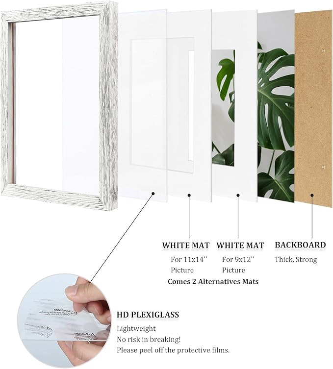 Egofine 12x16 Picture Frames Made of Solid Wood with Plexiglass, Display Pictures 9x12/11x14 with Mat or 12x16 Without Mat for Wall Mounting, Driftwood White