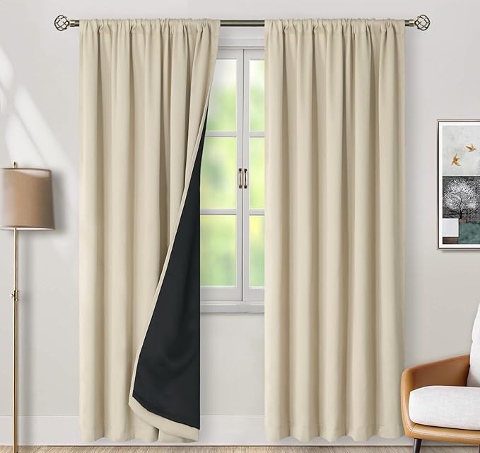 BGment Beige Full Blackout Curtains with Thermal Insulation Liner Curtains 84 Inches Long, Rod Pocket and Back Tab Double Layer Room Darkening Window Curtain for Bedroom(52 x 84 Inch, 2 Panels)
