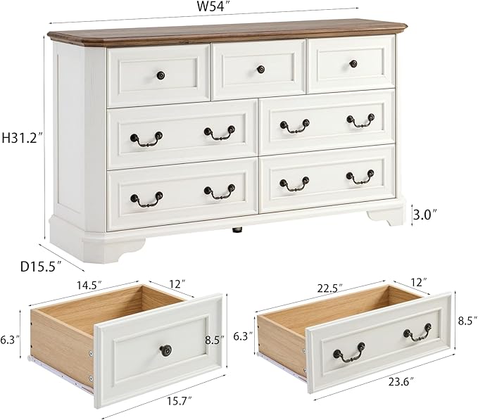 Farmhouse 7 Drawers Dresser for Bedroom, 54" Wide Modern Chest of Drawers with Metal Handle, Farmhouse Dresser TV Stand, Wood Drawer Organizer for Bedroom, Living Room, Hallway (White)
