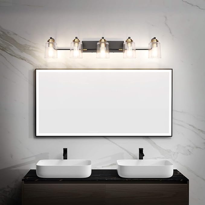 SOLFART Vintage Vanity Lights for Bathroom 5 Light Bathroom Vanity Light Black Metal with Clear Glass Brass Fixtures Wall Mount Lighting Wall Sconce