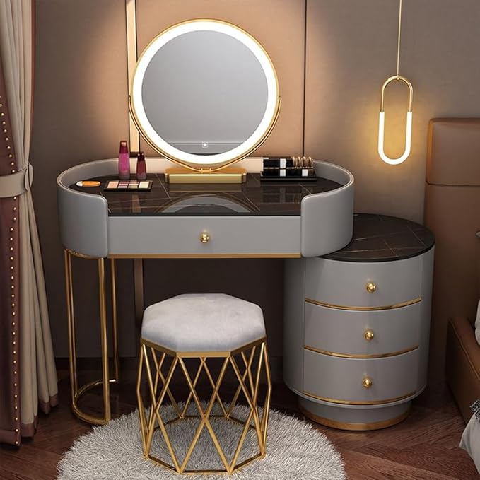 KWOKING Contemporary Make-up Vanity with Slate Stone Top & Storage Drawers Bedroom Dressing Table Storage Cabinet Integrated Table Gray Black - Makeup Vanity & Mirror & Nest Stool 31"L x 16"W x 31"H
