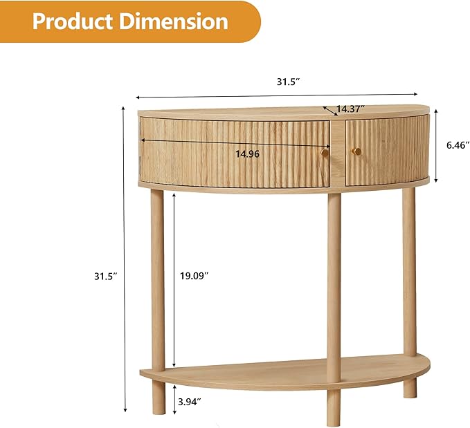 Fluted Half Moon Console Table, Modern Small Entry Table Sofa Table with Storage, Solid Wood Legs Narrow Entryway Table for Living Room, Hallway, Foyer(Natural)