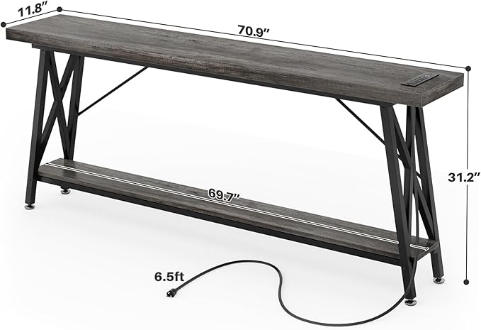 Homieasy 70.9 Inch Extra Long Console Table with Charging Station & Storage Shelf - Industrial Style Sofa Table Behind Couch for Living Room & Entryway, Grey