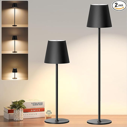 2-Pack Cordless Metal Table Lamp, 3 Adjustable Heights, 5400mAh Rechargeable Battery, 3 Colors Touch Dimming, Waterproof Portable Wireless Desk Lamp for Restaurant, Bedroom, Outdoor Patio