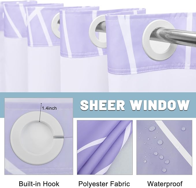 No Hook Ombre Purple Striped Shower Curtain with Snap in Liner Set - Hotel Shower Curtain and Liner Set with See Through Mesh Top Window,Machine Washable, 71x74 INCH