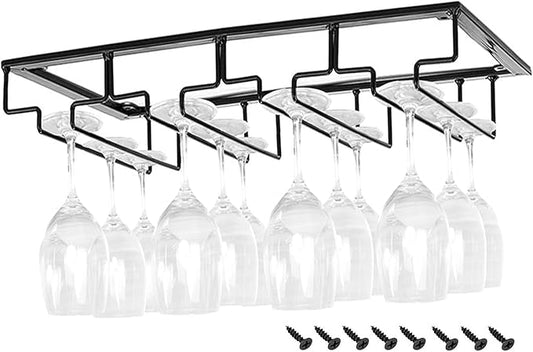 Wine Cup Holder Table Decoration Storage Hanger Metal Organizer for Bar Kitchen Stemware Rack Under Cabinet Stainless Steel Hanger Storage Shelf Black (Black, 4 Rows 1 Pack)