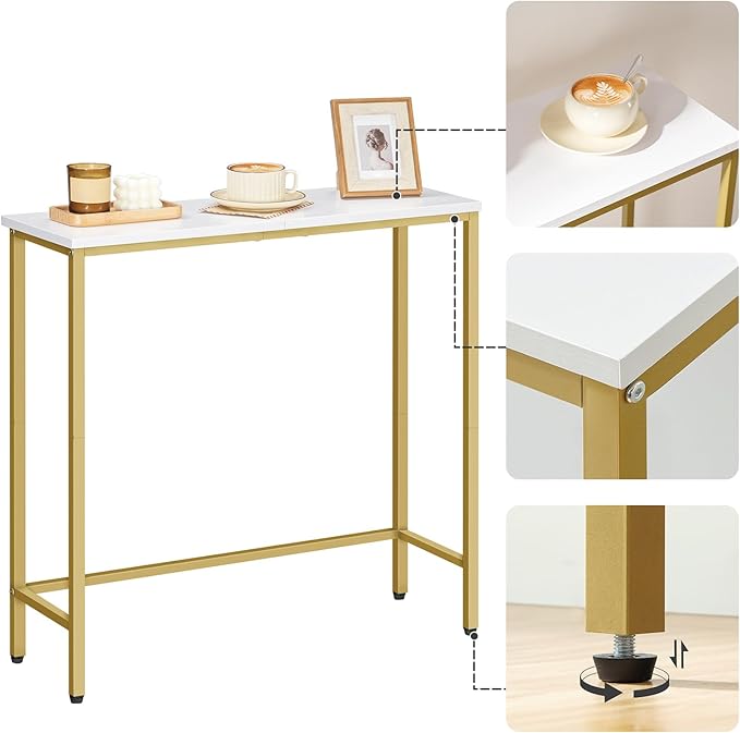 HOOBRO Narrow Console Table, 29.5" Small Entryway Table, Thin Sofa Table, Side Table, Display Table, for Hallway, Bedroom, Living Room, Foyer, White and Gold DW75XG01