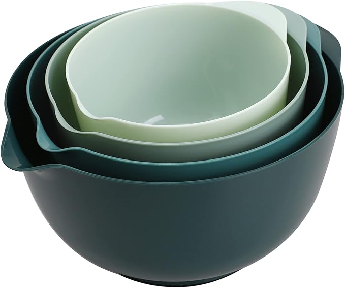 BoxedHome Green Ombre Nesting Plastic Mixing Bowl Set With Pour Spout, Microwave and Dishwasher Safe, BPA free Non-Slip Base, Set of 4 Size 1.7, 2.5, 3.5 and 4.5qt, Great for Prepping, Baking, Cooking