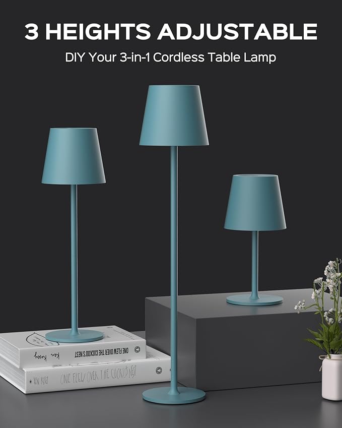 Cordless Table Lamps Rechargeable, 3 Adjustable Height, 5000mAh Battery Operated, 3 Colors Smooth Dimming, Portable LED Waterproof Table Lamp for Kitchen, Bedroom, Outdoor (2 Pack-Lake Blue)