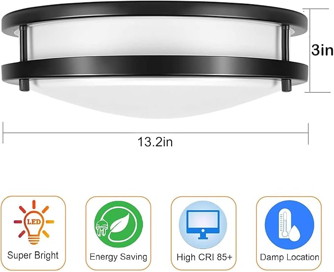 36W Dimmable LED Ceiling Light Fixture, 12in Flush Mount Light Fixture, Ceiling Lamp for Bedroom, Kitchen, Bathroom, Hallway, Super Bright 3500 Lumens, Black, 3000K Warm White