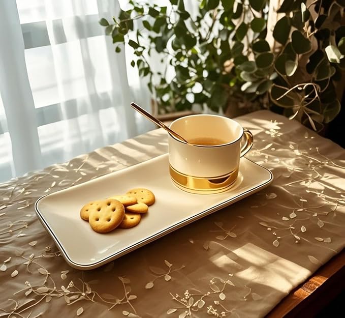 tea Cups and Saucers Set of 6, 8 oz, Ceramic Turkish Coffee Cup With Gold Trim for Cappuccino, Latte, Mocha, Au Lait, Espresso, White