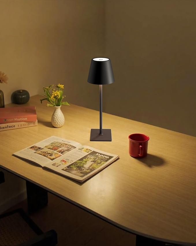 KDG 2 Pack Cordless Table Lamp, Portable LED Desk Lamps, 5000mAh Battery Operated, 3 Color Stepless Dimming Up, for Restaurant, Bedroom, Outdoor Camping, Coffee Shop, Night Light, Rechargeable (Black)