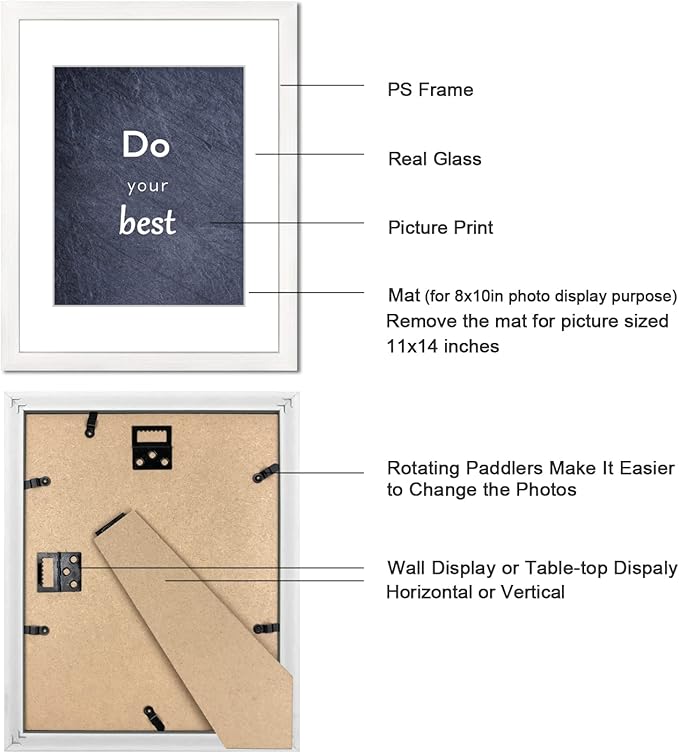11x14 Picture Frame Set of 3 with Real Glass for Pictures 8x10 with Mat or 11x14 Without Mat, Wall or Tabletop Gallery Photo Frames in White