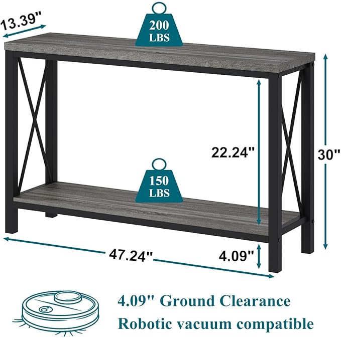 BON AUGURE Console Tables for Living Room, Industrial Couch Table Behind Sofa, Wood Metal Entryway Tables for Hallway, Entry Way Table for Foyer, Entrance, Front Door (Dark Grey Oak, 47 Inch)