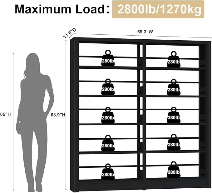 Heavy Duty 5-Tier Metal Bookshelf, Industrial Wide Book Shelf with Adjustable Shelves, 280lbs Shelf Capacity, Large Office Bookcase, Display Book Organizer for Living Room Bedroom Library -2Pcs,Black