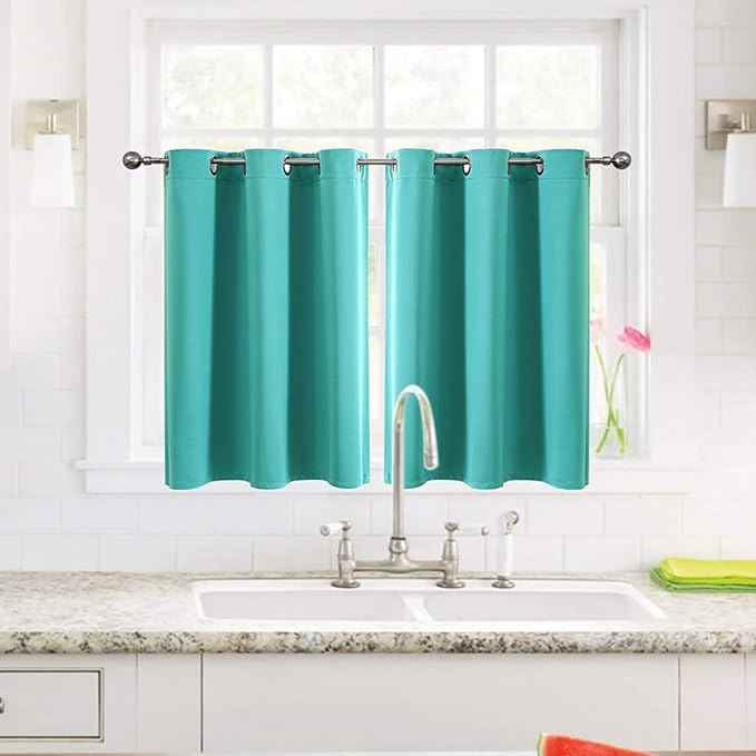ChrisDowa Small Window Curtains for Kitchen and Bedroom - Grommet Short Thermal Insulated Room Darkening Curtains (2 Panels, Teal, 34 x 36 Inch)