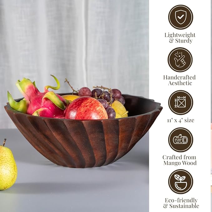 Folkulture Black Wave Salad Bowl | 11” Large Mango Wood Serving Bowl with Dual Ribbed Design | Modern Wooden Bowl for Salad, Fruit & Pasta | Kitchen Island & Dining Table Décor
