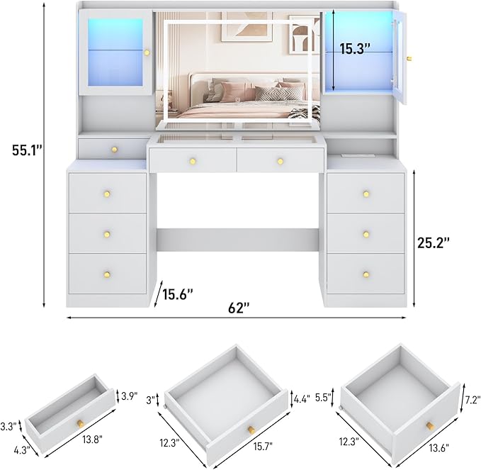 Large Vanity Desk w/60000-color LED Lights,Tempered Glass Top,Outlet,62inch White Makeup Vanity Table w/ 3 Lights Mode Mirror & Lights,9 Drawers,2 RGB Cabinet,LED Dressing Table for Women