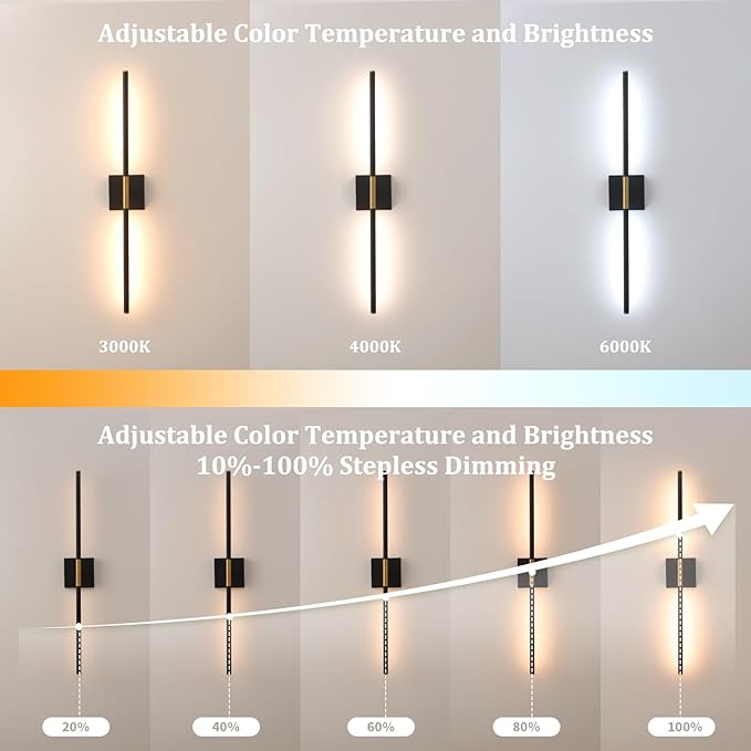 Battery Operated Wall Sconce Set of 2, 10400mAh Wireless Wall Sconces, 3000K-6000K Dimmable, 350°Rotate, Indoor Wall Lights with Remote for Bedroom Living Room Bathroom, Black Gold, 31.5 Inch