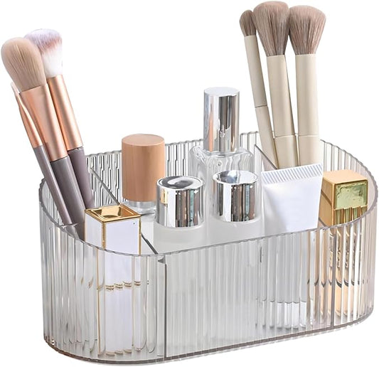 DASITON Large Capacity Makeup Brush Holder,5 Slot Makeup Brush Holder,Vintage striped Make Up Brush Holder,for Vanity Decor,Bathroom Countertops,Desk Storage Container,Cosmetic Display cases(Clear)