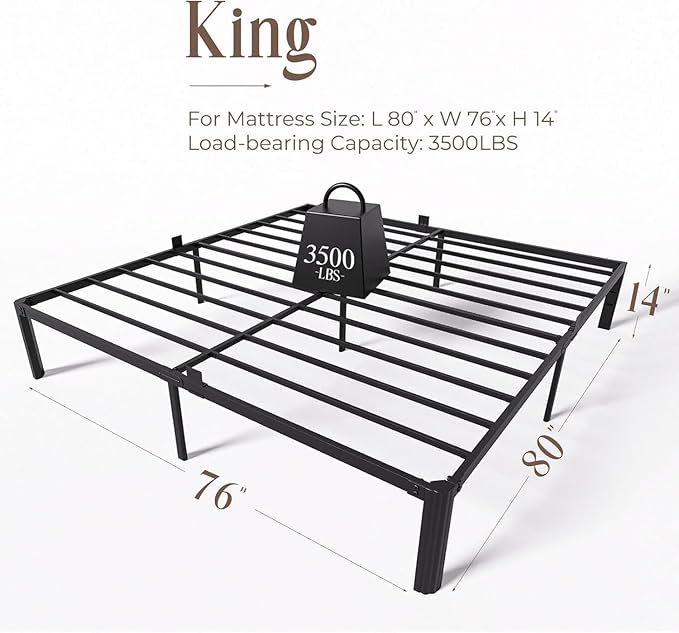 14 Inch Metal Bed Frame King Size Heavy Duty High Platform with Steel Slats No Box Spring Needed Noise-Free Easy Assembly, Under Bed Storage Sturdy Frame with Mattress Stoppers Easy Assembly