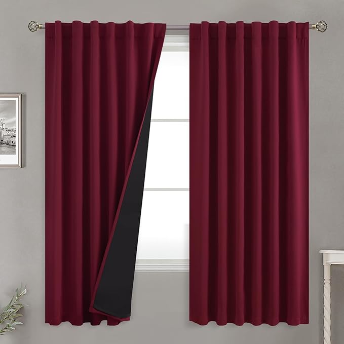 BGment Full Blackout Curtains with Thermal Insulation Liner Curtains 72 Inches Long, Rod Pocket and Back Tab Double Layer Room Darkening Window Curtain for Bedroom(52 x 72 Inch, 2 Panels, Burgundy)