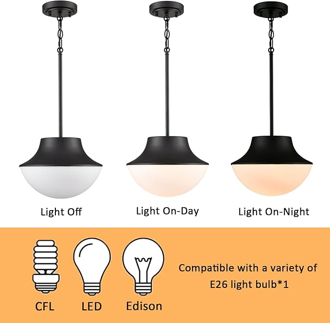 Mid Century Farmhouse Pendant Lighting for Kitchen 11.02" Matte Black Pendant Lights Kitchen Island with Milk Glass White Bowl Shade Over Sink Bathroom Dining Room Foyer……