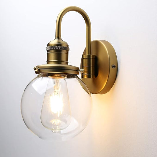 Industrial Vintage Gooseneck Wall Sconce 1-Light with 5.9” Round Clear Glass Globe Shade Indoor Wall Mounted Lamp Fixture