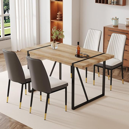 Dining Table Chairs Set for 4, Modern Rectangular Dining Room Table Set PU Leather Upholstered Dining Chairs 55" Dinner Table Set for Kitchen, Dining Room (Dining Table Set for 4, White Grey)
