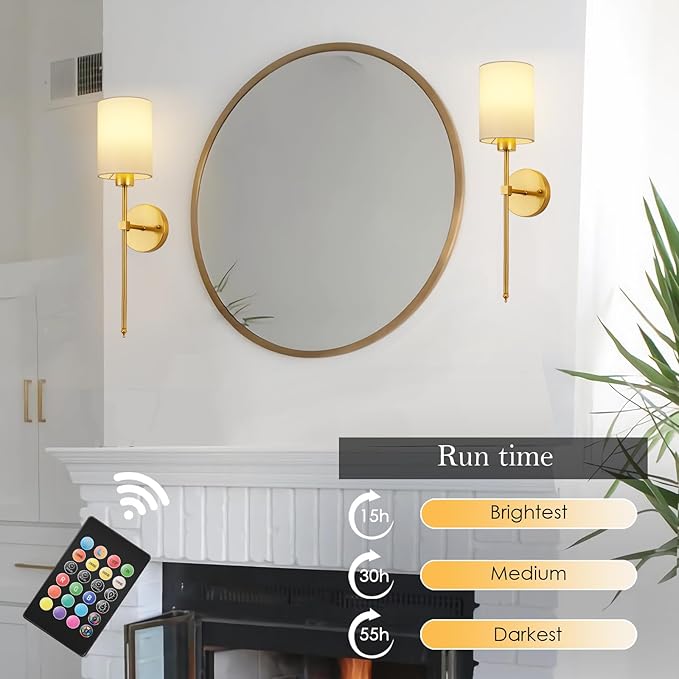 Battery Operated Wall Sconces Set of Two,Wireless Rechargeable Wall Light With Remote Control, Dimmable, 1800K/3000K/4000K/6000K/RGB, Timer, for Living Room, Bedroom, Fireplace, TV, 23.6 Inch, Gold