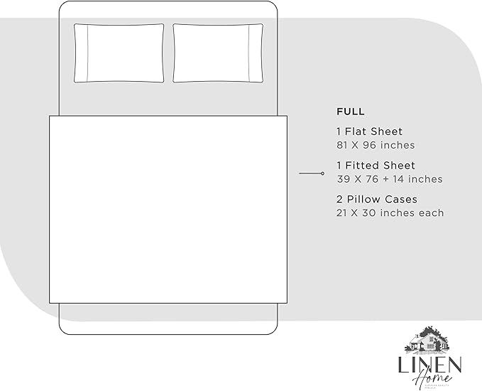 Linen Home 100% Cotton Percale Sheets Full Size, Dove Grey, Deep Pocket, 4 Pieces Set - 1 Flat, 1 Deep Pocket Fitted Sheet and 2 Pillowcases, Crisp Cool and Strong Bed Linen