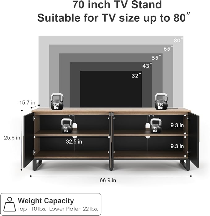 70" TV Stand with Power Outlet, Black Large TV Stands for 75 Inch TV, Entertainment Center TV Cabinet with Storage and Adjustable Shelf, Live Edge TV Console Table for Bedroom Living Room