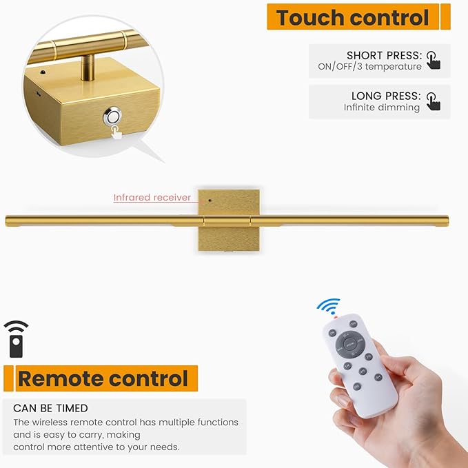 NIORSUN 28 Inch Battery Operated Wall Sconce Set of 2, 360° Rotation Gold Rechargeable Wall Lights with Detachable Tube and Remote, 3CCT Dimmable Wireless Wall Lamp for Living Room Bedroom Hallway