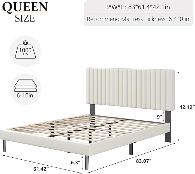 Queen Size Platform Bed Frame with Velvet Upholstered Headboard, Queen Bed Frame with Strong Wood Slats, Box Spring Optional, Mattress Foundation, Easy Assembly Beige