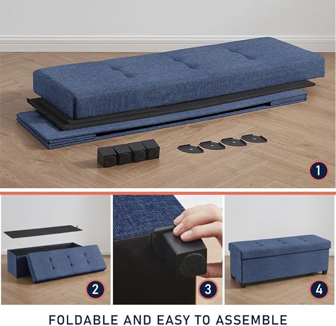 Ornavo Home 43 Inch Storage Ottoman, Large Storage Bench, Ottoman with Storage with Legs, Foot Rest Stool, Bedroom Bench - Navy Blue