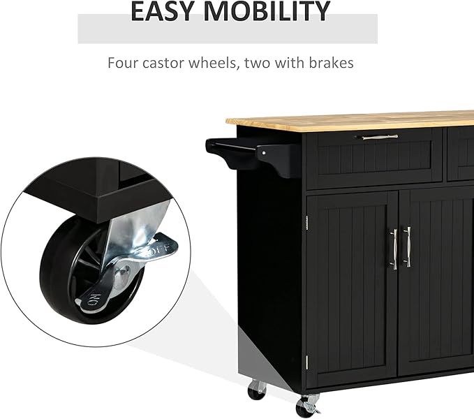 HOMCOM Mobile Kitchen Island with Storage, Kitchen Cart with Wood Top, Storage Drawers, 3-Door Cabinets, Adjustable Shelves and Towel Rack, Black