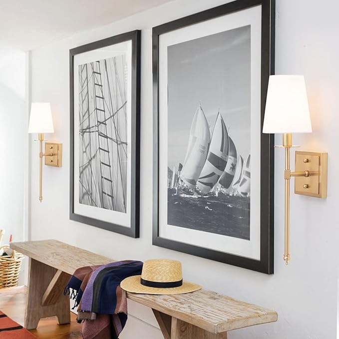 VILUXY Modern Wall Sconces Antique Brass Brush Paint Finish Bedside Wall Sconce Lighting Fixture with White Fabric Shade for Bedroom, Hallway, Entryway, Passway, Bathroom, Vanity 2 Pack