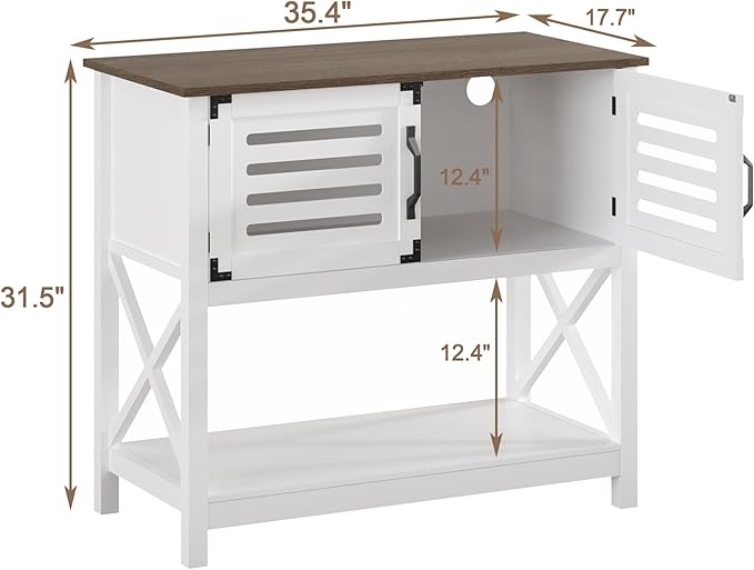 ChooChoo Farmhouse Console Table with Charging Station, 35.4 L x 17.7 D x 31.49 H Coffee Bar Cabinet with Storage, Sideboard Buffet Cabinet with Doors for Kitchen, Living Room, White