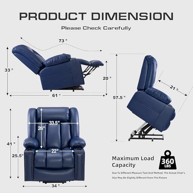 Large Power Lift Chair Recliner for Elderly with Heated and Massage, Overstuffed Adjustable Lift Chair, 3 Position, Breathable Leather, USB-A&USB-C, Cup Holder (Small-7523, Blue)