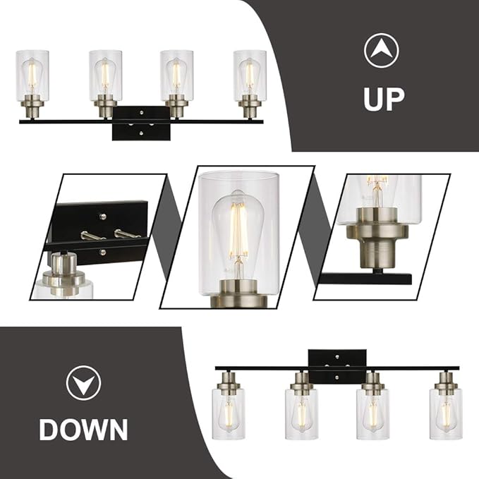 MELUCEE 4-Light Modern Vanity Lights with Clear Glass Shade, Black Bathroom Lighting Fixtures Over Mirror Brushed Nickel Wall Mount Lamp for Vanity Table Mirror Cabinets (Patent No.: US D963914 S)